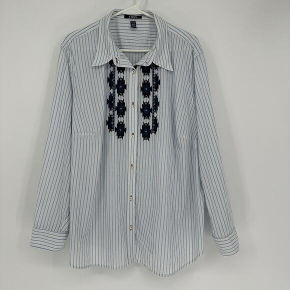 Chaps Shirt Womens 3X Blue White Stripe Embroidered Button Front Long Sleeve - Picture 1 of 9